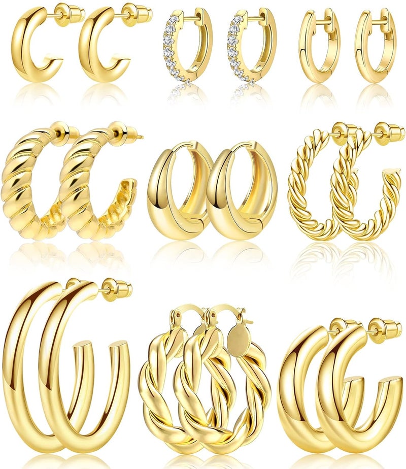 adoyi 9 Pairs Gold Hoop Earrings Set for Womens Twisted Huggie Hoops Earrings 14K 18K Gold Plated for Girls Valentines Mother's Day Birthday Gifts Lightweight - Image 1